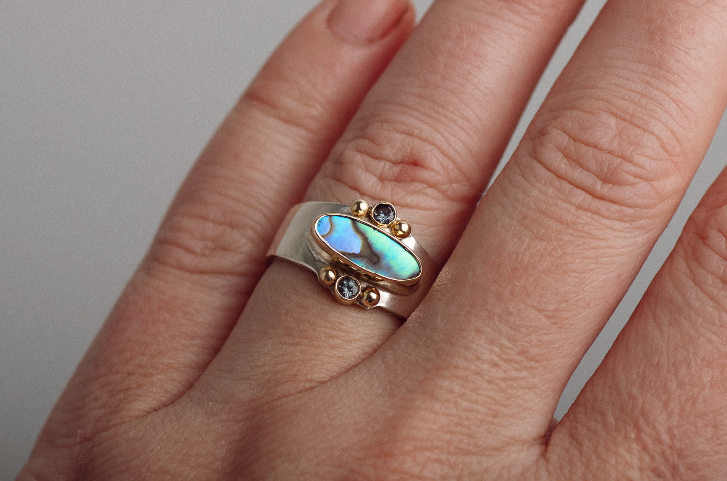 Elongated Affinity Ring ◇ Abalone + Montana Sapphires ◇ Size 7 ◇ 18K gold accents
