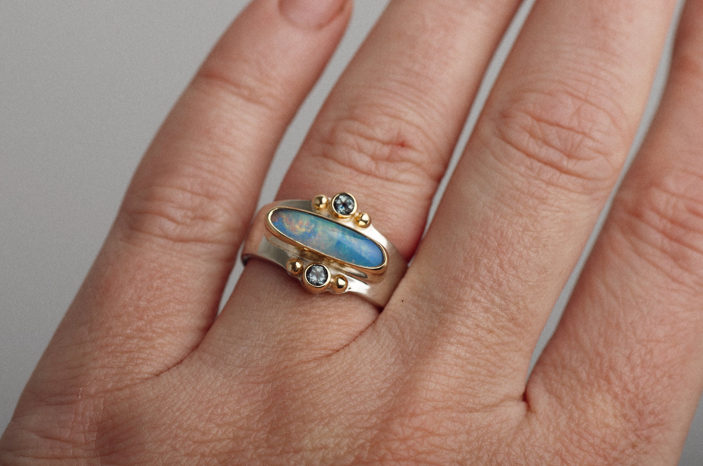 Elongated Affinity Ring ◇ Australian Opal + Montana Sapphires ◇ Size 7 ◇ 18K gold accents