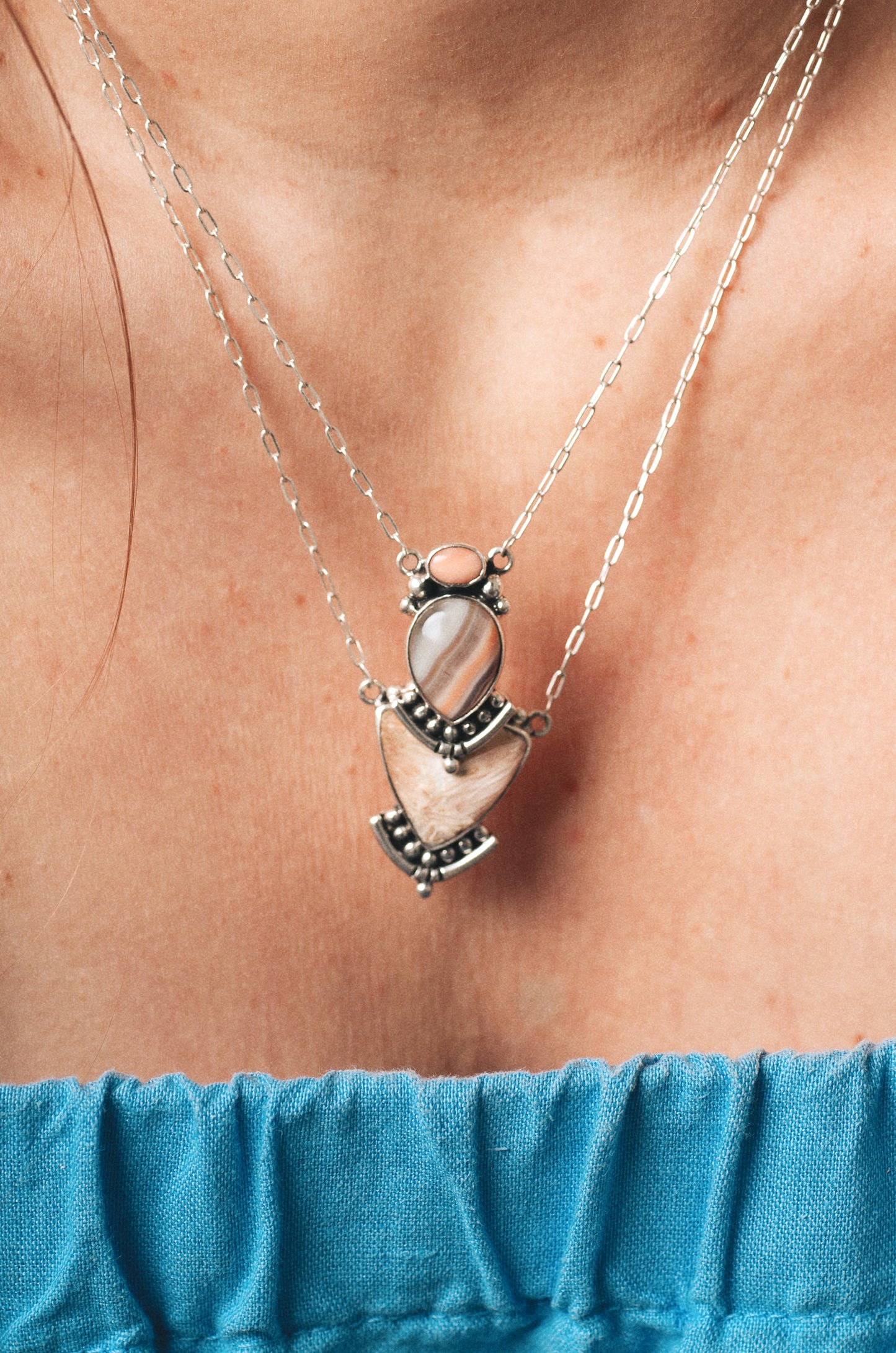 Emergence Necklace ◇ Pink Opal + Agua Nueva Agate