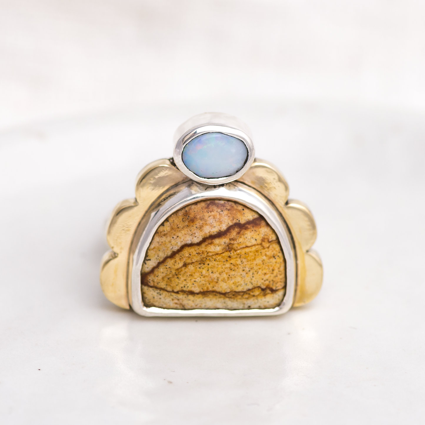 Tidal Ring ◇ Oregon Landscape Jasper + Australian Opal ◇ Size 7.25
