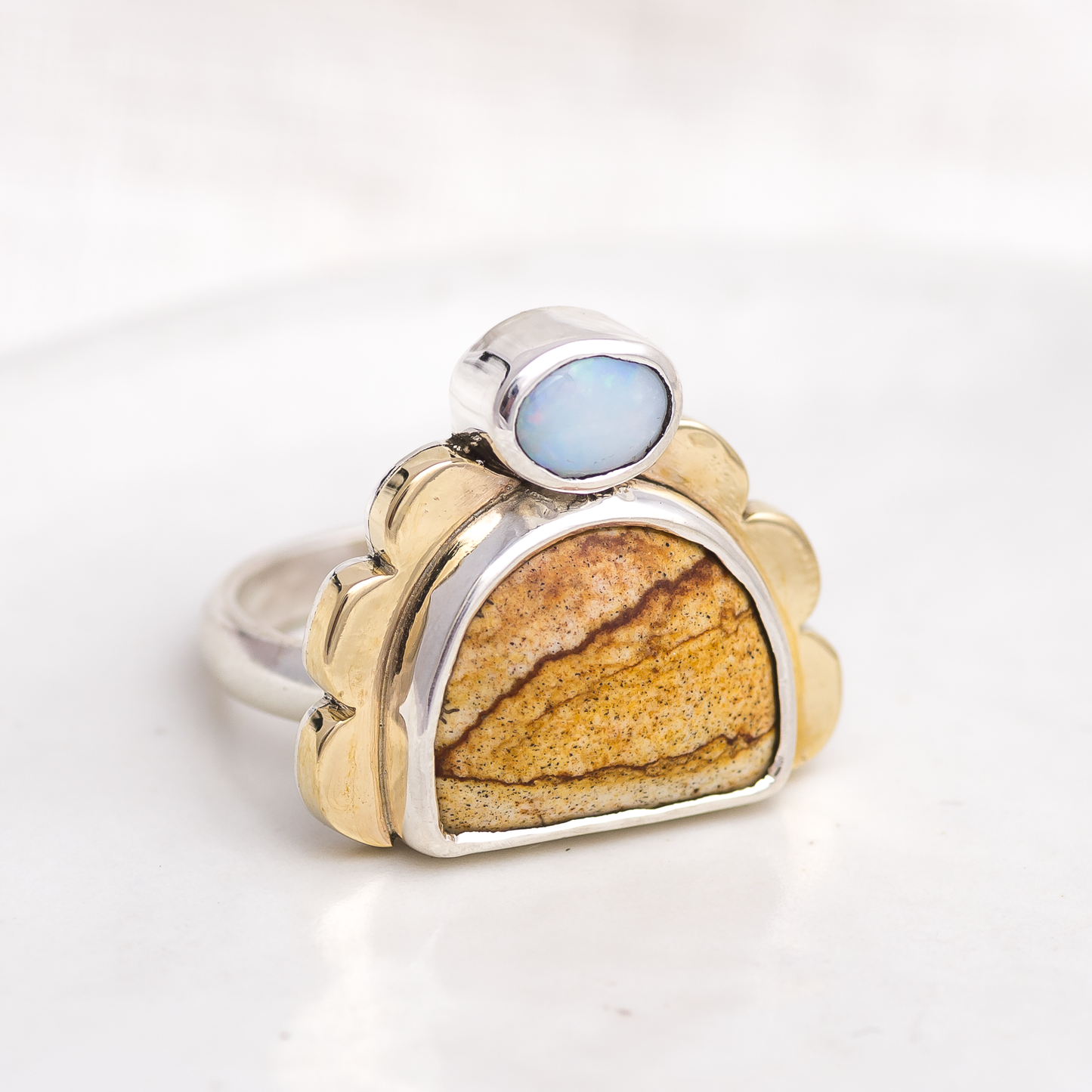 Tidal Ring ◇ Oregon Landscape Jasper + Australian Opal ◇ Size 7.25