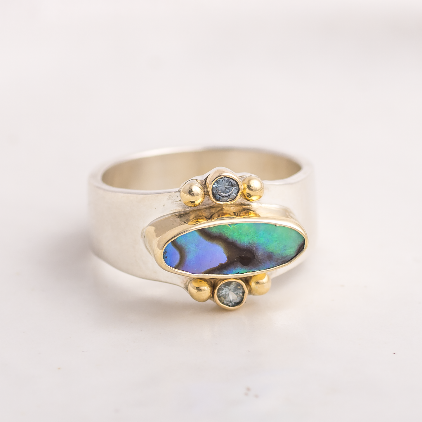 Elongated Affinity Ring ◇ Abalone + Montana Sapphires ◇ Size 7 ◇ 18K gold accents