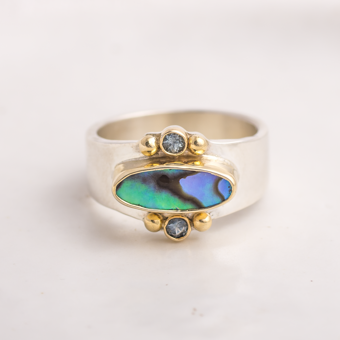 Elongated Affinity Ring ◇ Abalone + Montana Sapphires ◇ Size 7 ◇ 18K gold accents