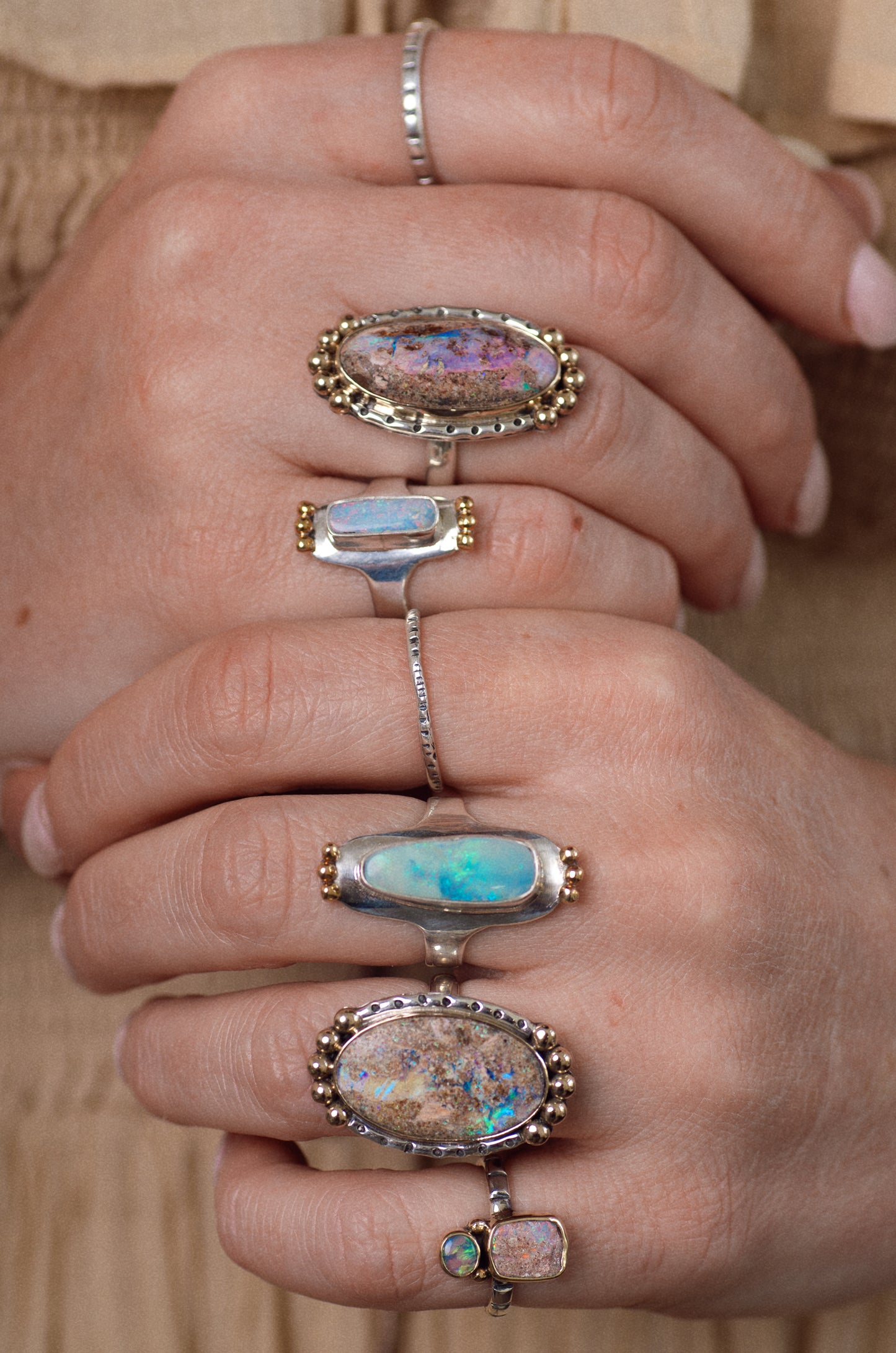 Wanderer Ring (B) ◇ Australian Opal ◇ Size 7.5 ◇ Silver + 14k Gold