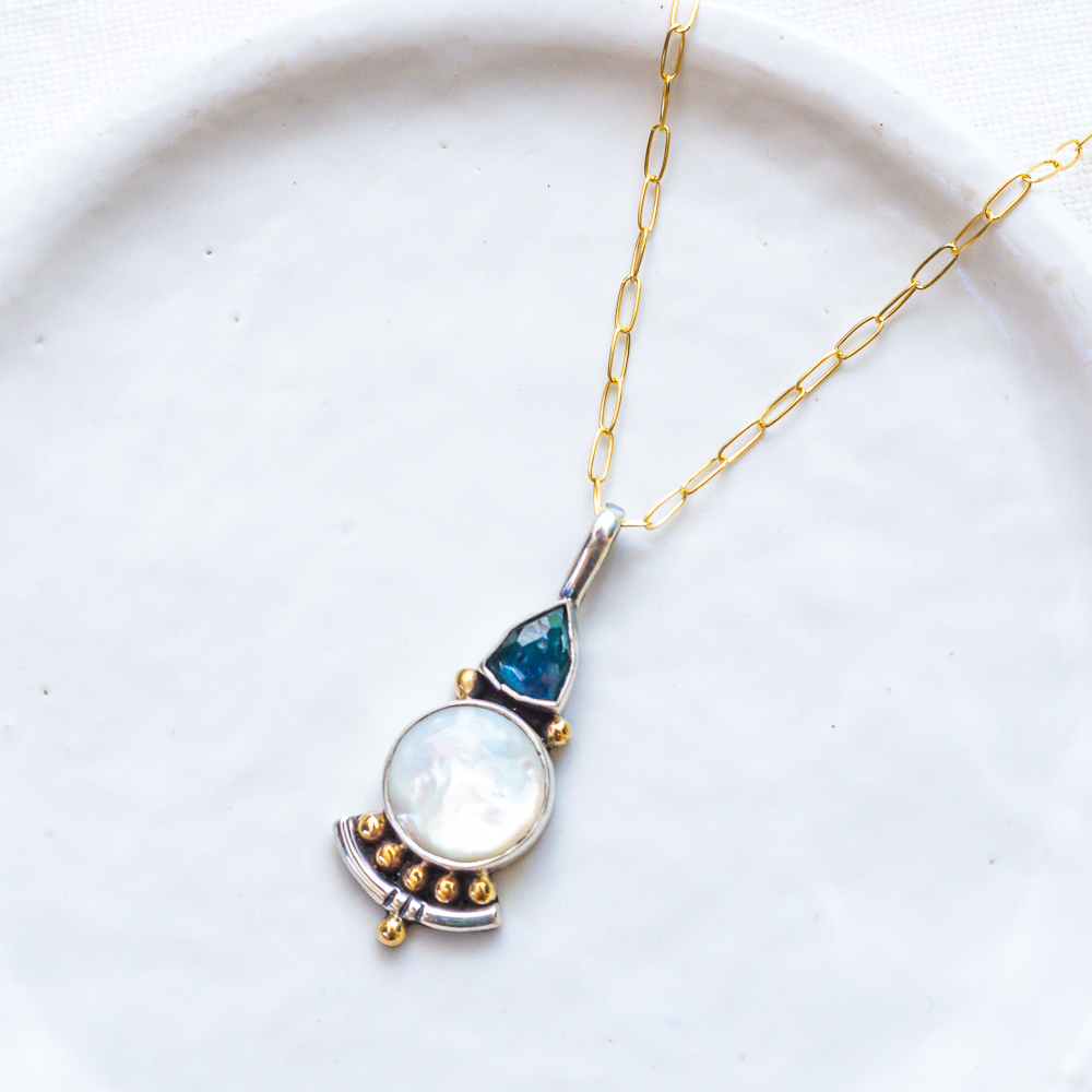 Origin Necklace (A) ◇ Faceted Tourmaline + Mother of Pearl