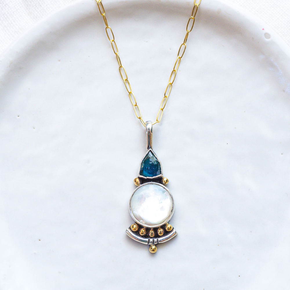 Origin Necklace (A) ◇ Faceted Tourmaline + Mother of Pearl