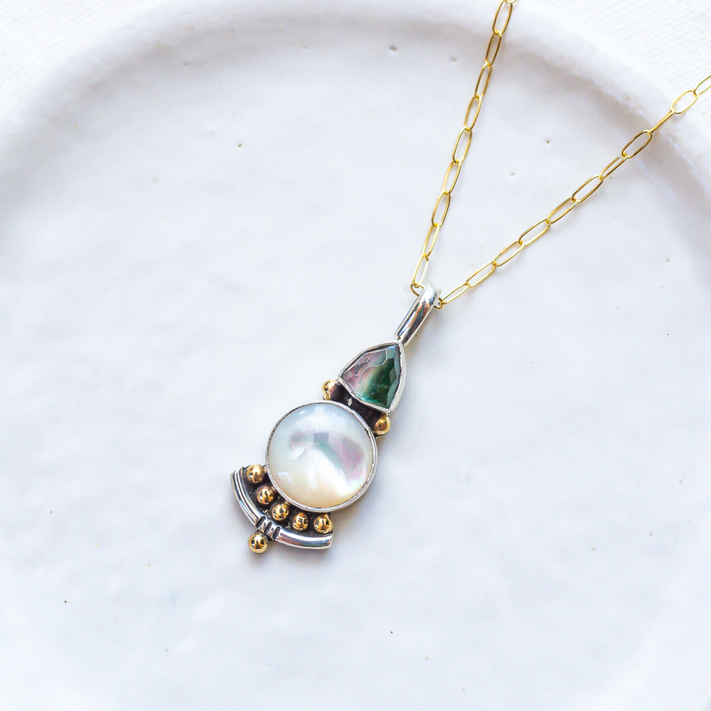 Origin Necklace (C) ◇ Faceted Tourmaline + Mother of Pearl
