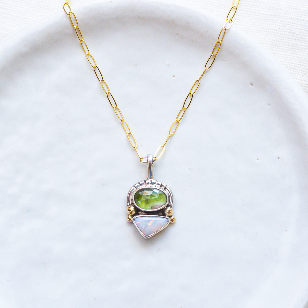 Duo Necklace (A) ◇ Faceted Tourmaline + Australian Opal (Silver + 14k Gold)