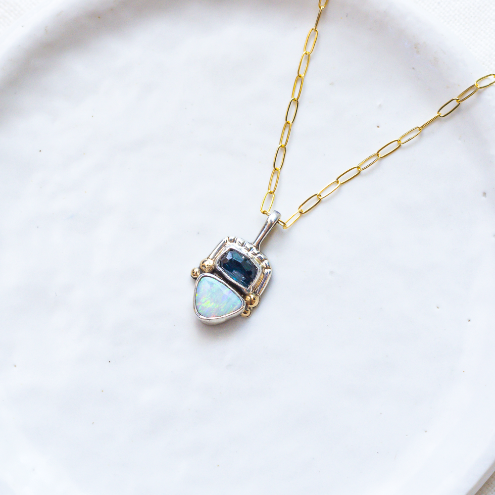 Duo Necklace (B) ◇ Faceted Tourmaline + Australian Opal (Silver + 14k Gold)