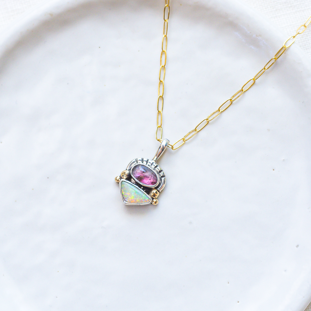 Duo Necklace (C) ◇ Faceted Tourmaline + Australian Opal (Silver + 14k Gold)