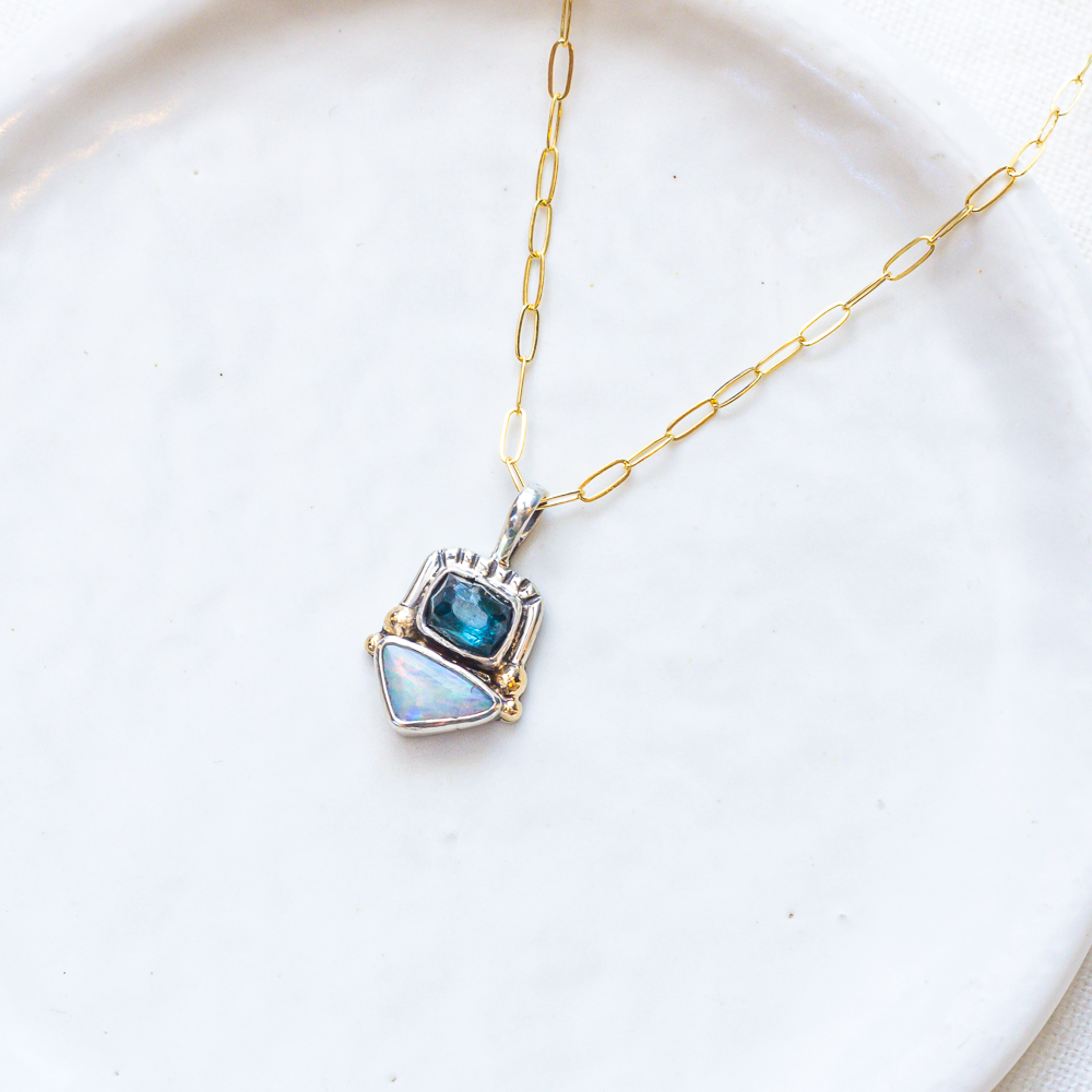 Duo Necklace (D) ◇ Faceted Tourmaline + Australian Opal (Silver + 14k Gold)