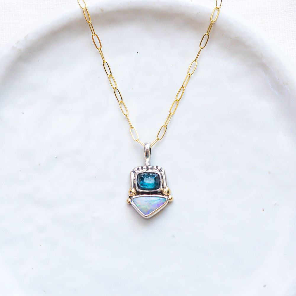 Duo Necklace (D) ◇ Faceted Tourmaline + Australian Opal (Silver + 14k Gold)