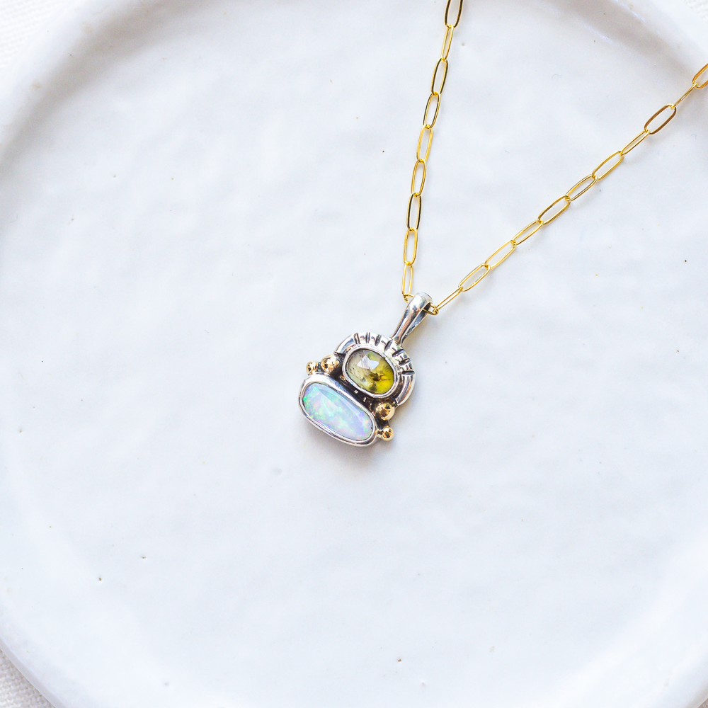 Duo Necklace (E) ◇ Faceted Tourmaline + Australian Opal (Silver + 14k Gold)