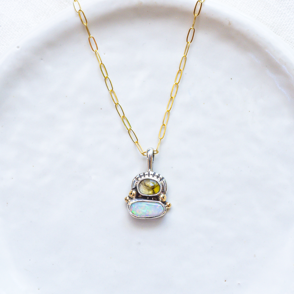 Duo Necklace (E) ◇ Faceted Tourmaline + Australian Opal (Silver + 14k Gold)