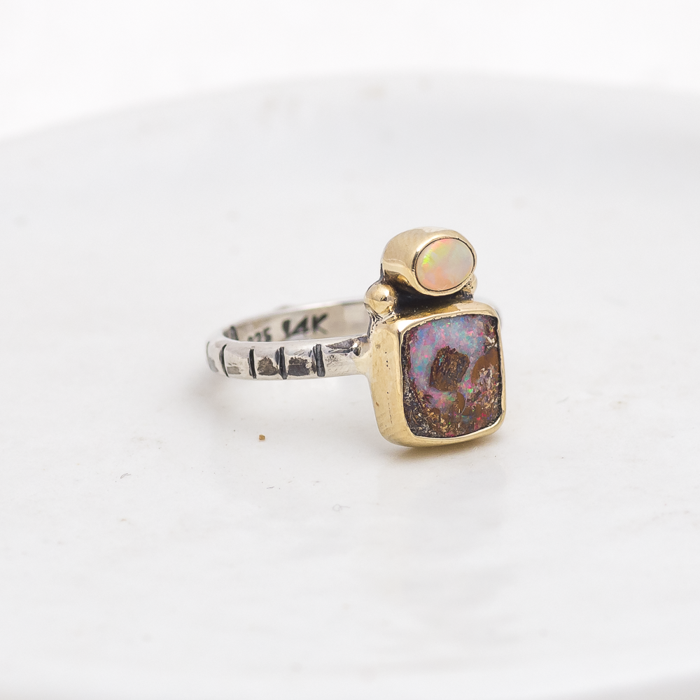 Nova Ring (B) ◇ Australian Opal ◇ Size 6 ◇ Silver + 14k Gold