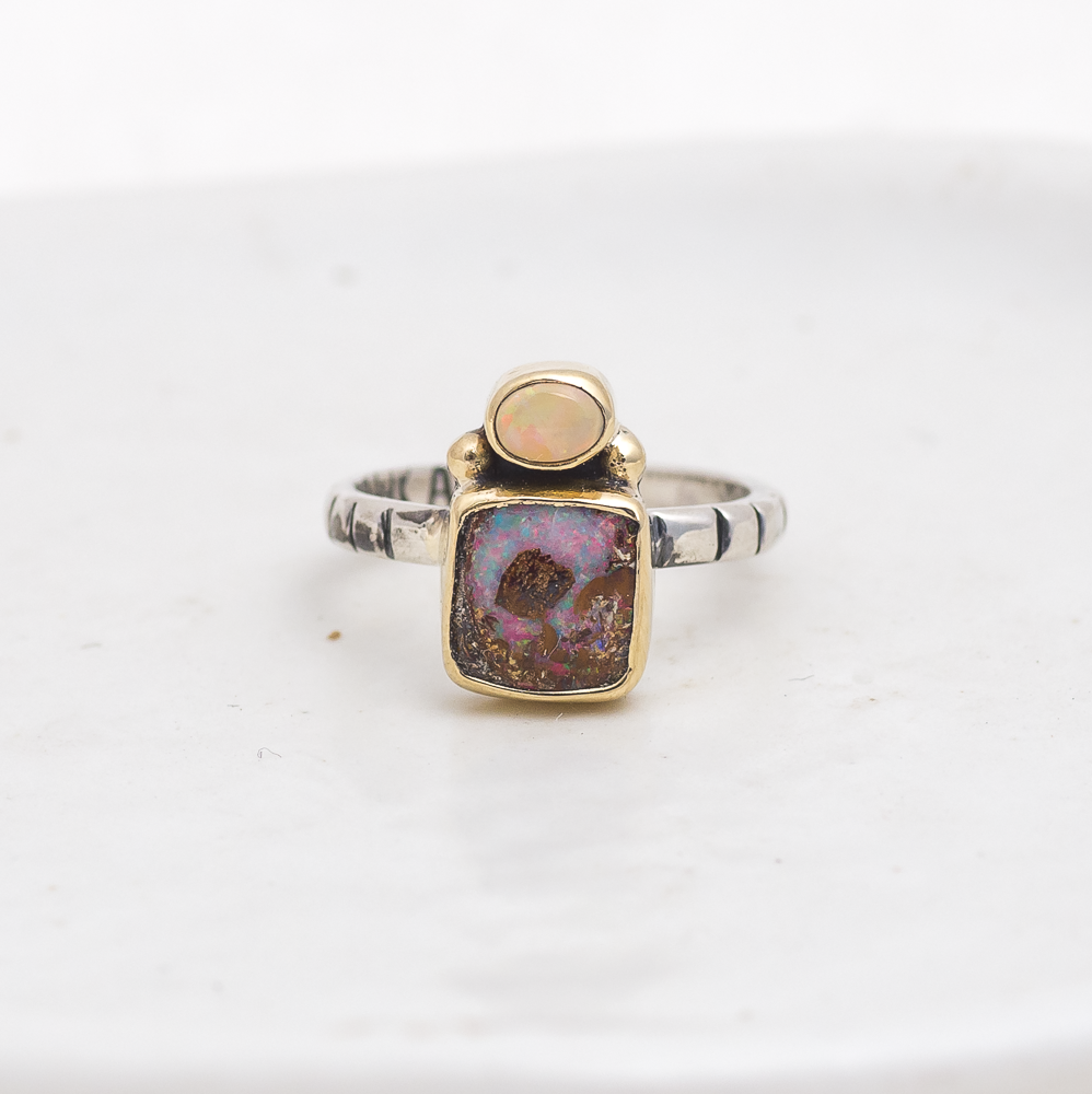 Nova Ring (B) ◇ Australian Opal ◇ Size 6 ◇ Silver + 14k Gold