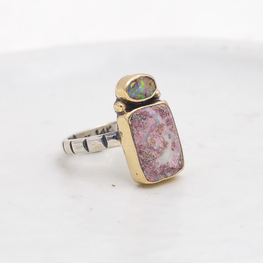 Nova Ring (C) ◇ Australian Opal ◇ Size 6.5 ◇ Silver + 14k Gold