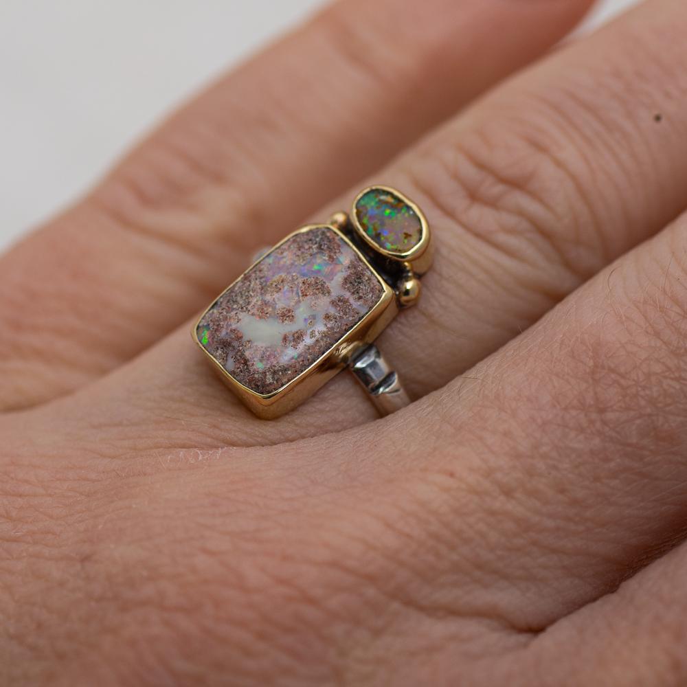 Nova Ring (C) ◇ Australian Opal ◇ Size 6.5 ◇ Silver + 14k Gold