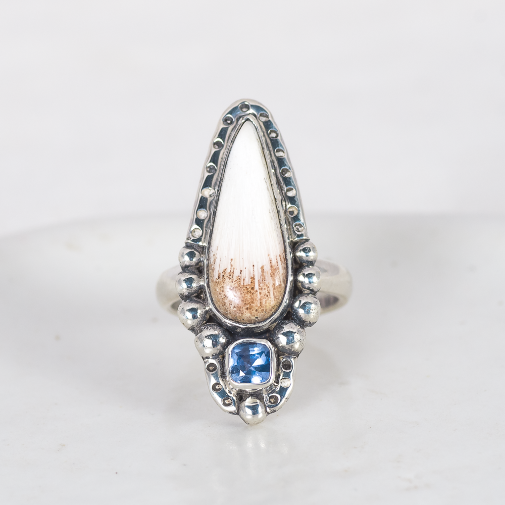In the Clouds Ring ◇ Peach Scolecite + Cushion Cut Blue Sapphire ◇ Size 6.5