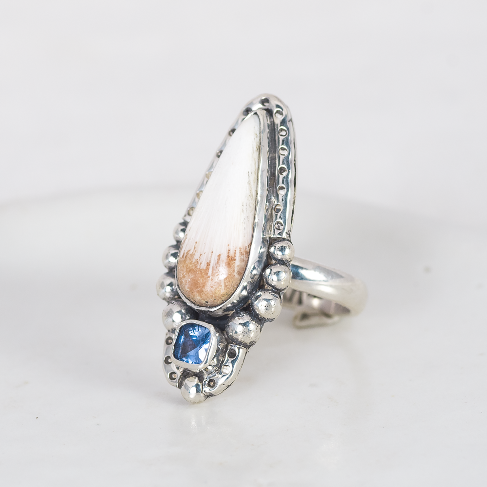 In the Clouds Ring ◇ Peach Scolecite + Cushion Cut Blue Sapphire ◇ Size 6.5