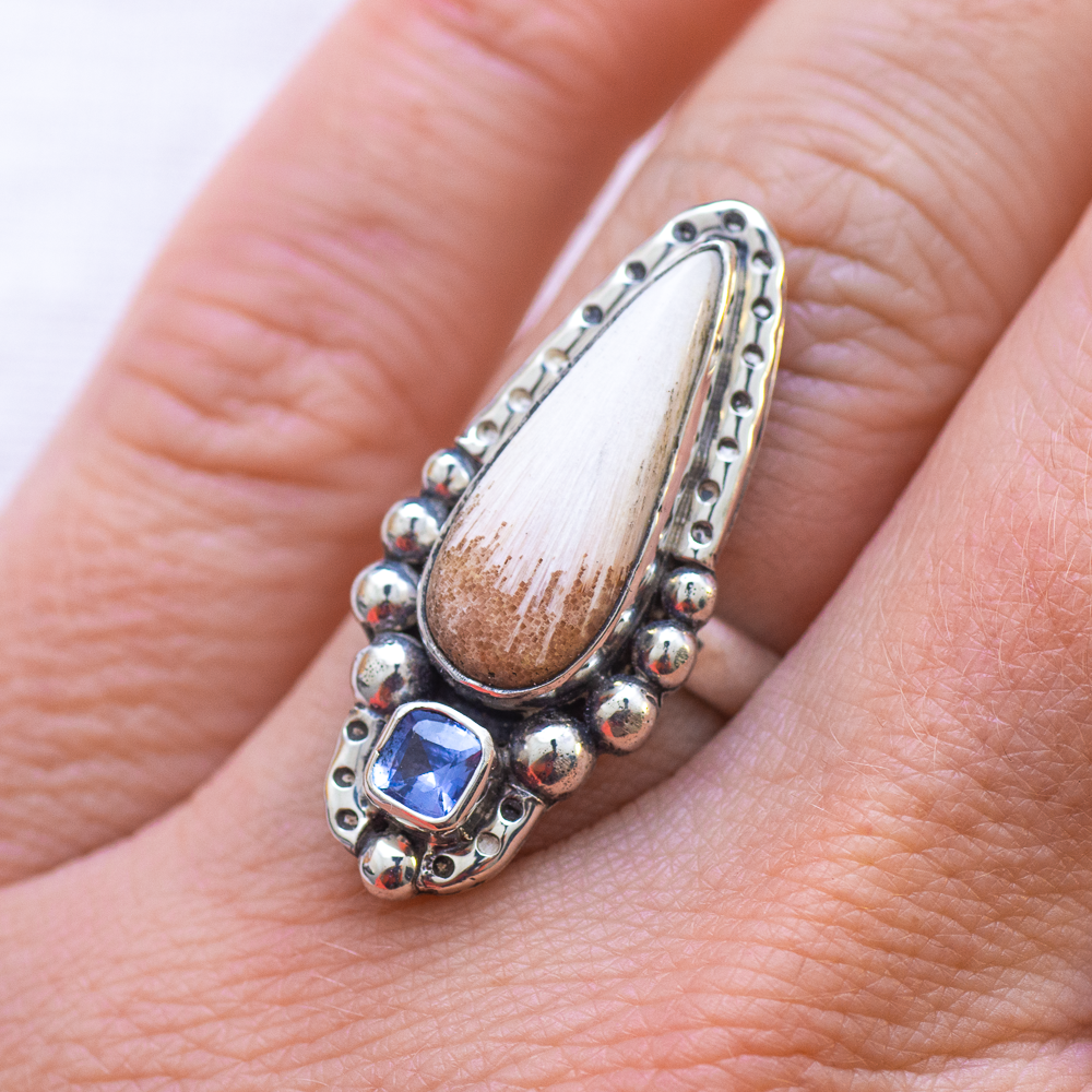 In the Clouds Ring ◇ Peach Scolecite + Cushion Cut Blue Sapphire ◇ Size 6.5