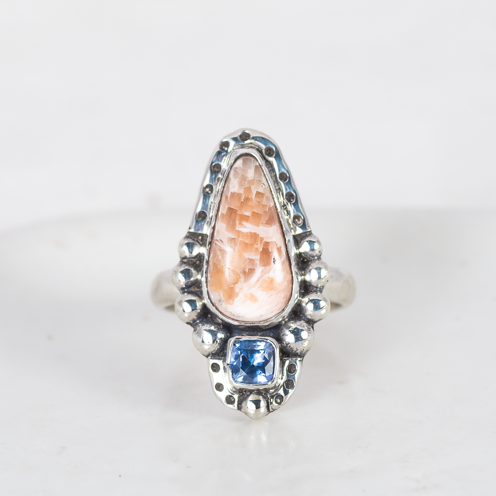 In the Clouds Ring ◇ Peach Scolecite + Cushion Cut Blue Sapphire ◇ Size 7.5