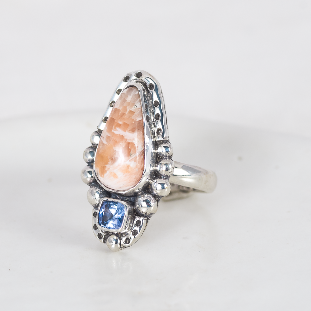 In the Clouds Ring ◇ Peach Scolecite + Cushion Cut Blue Sapphire ◇ Size 7.5