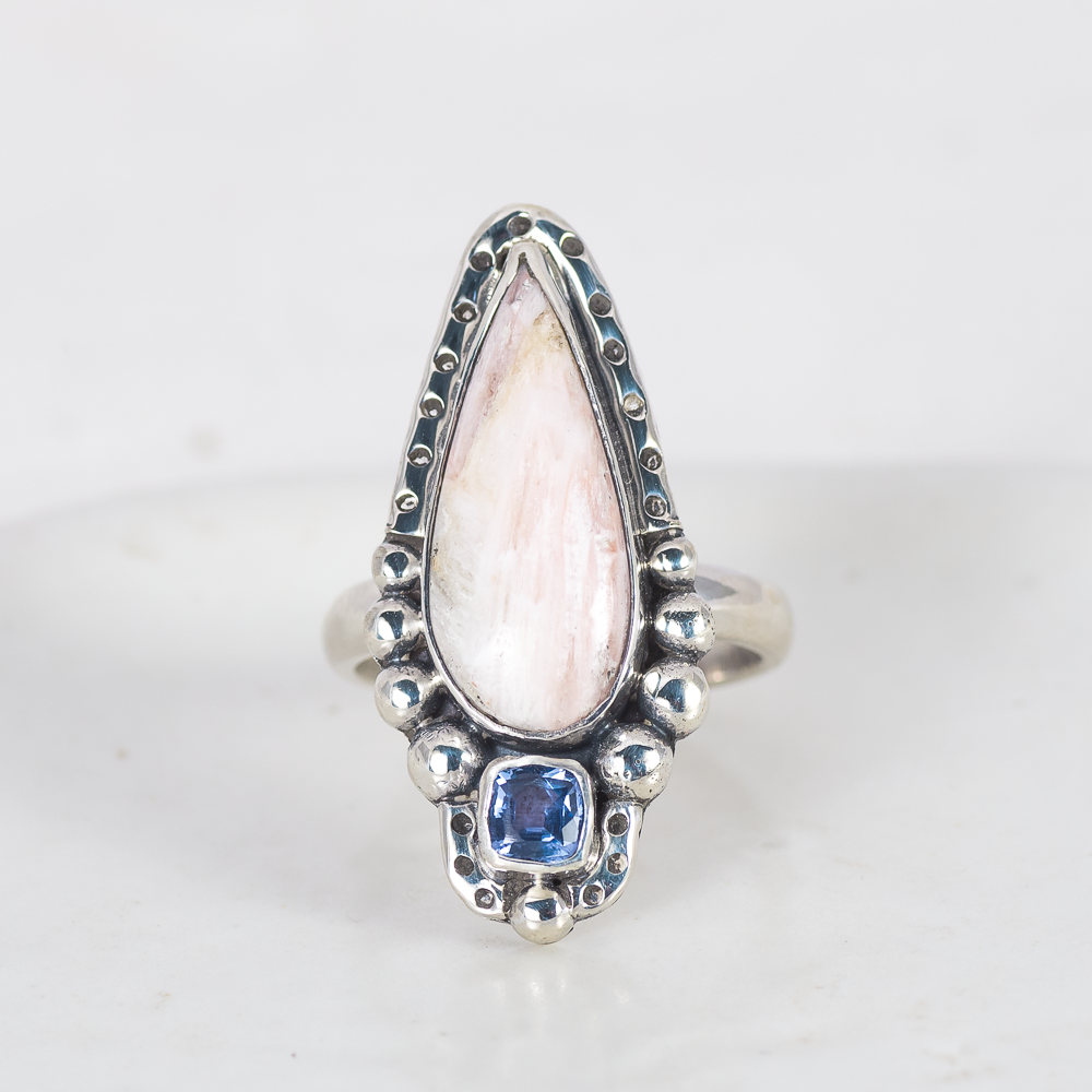In the Clouds Ring ◇ Peach Scolecite + Cushion Cut Blue Sapphire ◇ Size 8.5