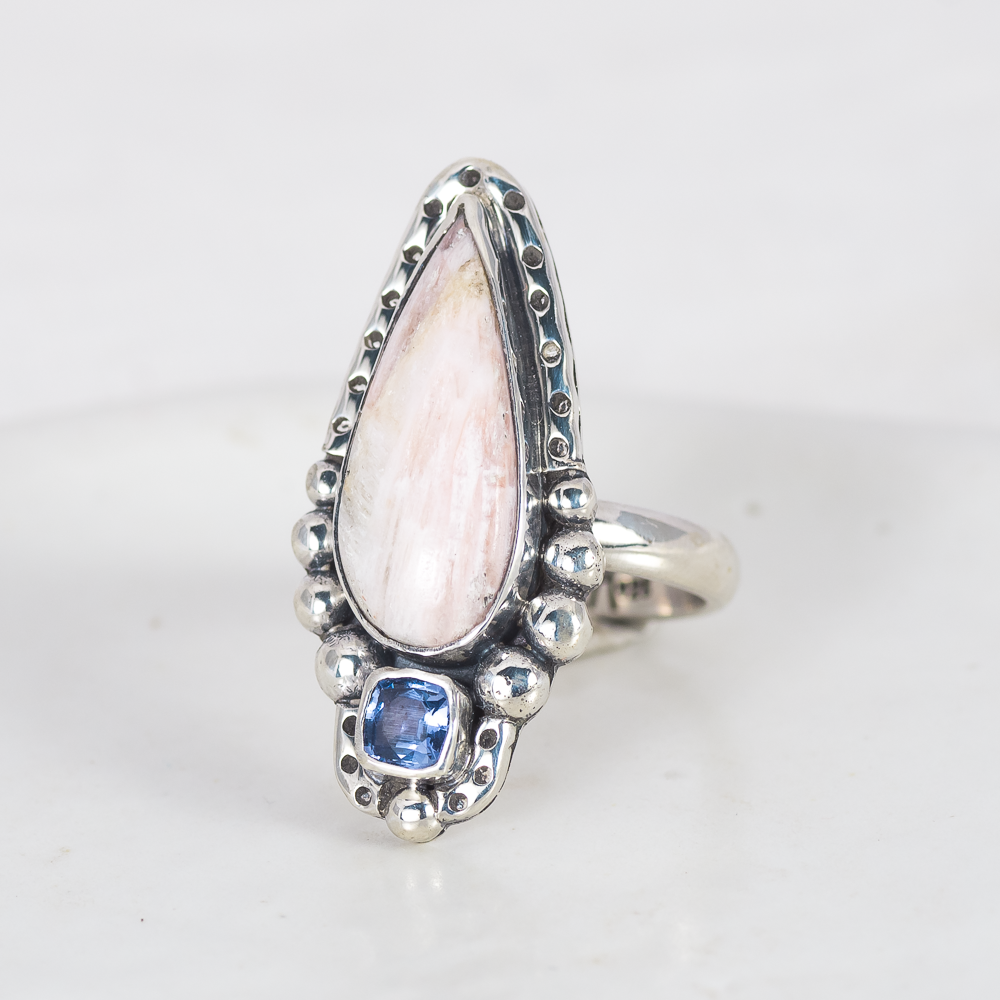 In the Clouds Ring ◇ Peach Scolecite + Cushion Cut Blue Sapphire ◇ Size 8.5