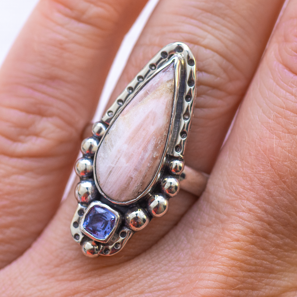 In the Clouds Ring ◇ Peach Scolecite + Cushion Cut Blue Sapphire ◇ Size 8.5