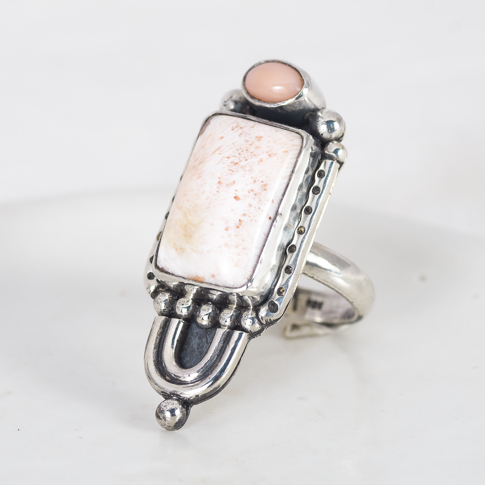 Prisms Ring ◇ Pink Opal + Peach Scolecite ◇ Size 6.5