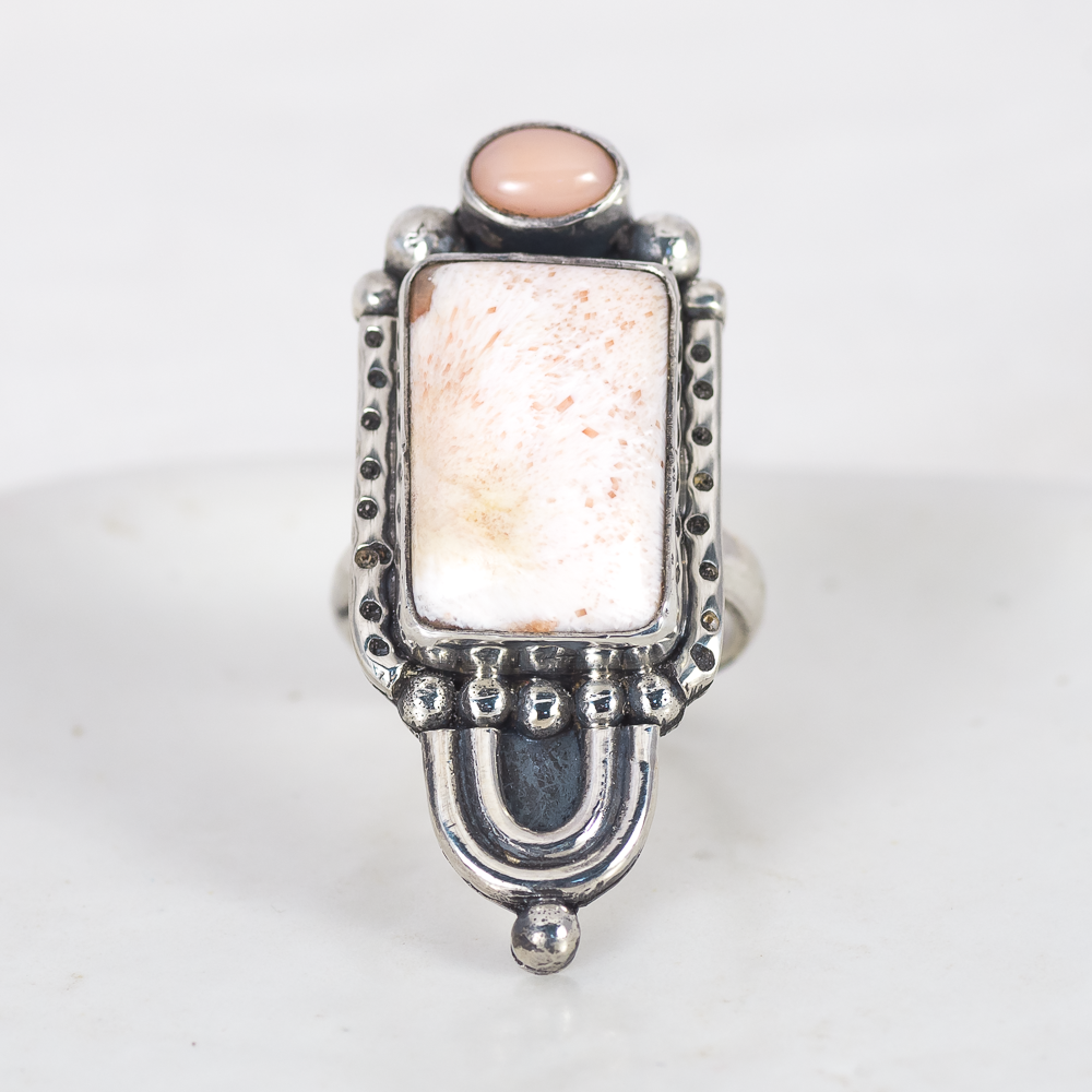 Prisms Ring ◇ Pink Opal + Peach Scolecite ◇ Size 6.5