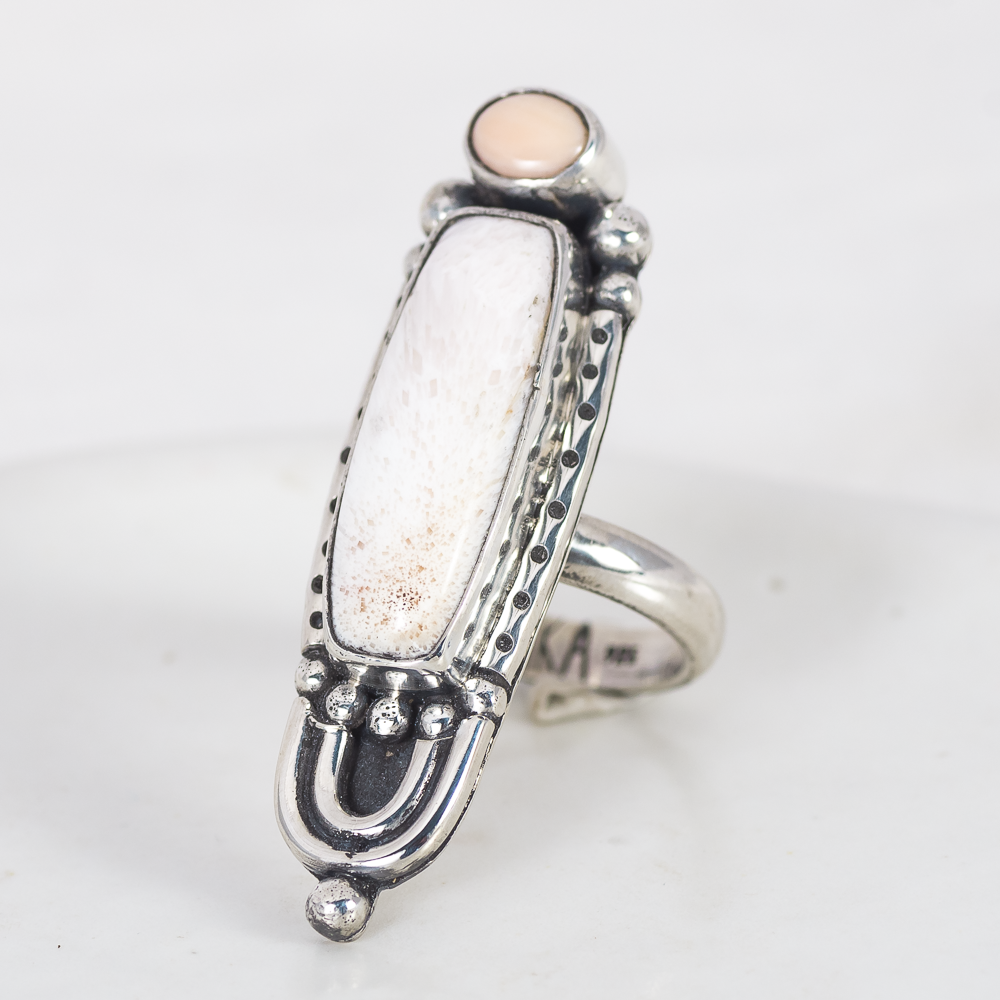 Prisms Ring ◇ Pink Opal + Peach Scolecite ◇ Size 7.5