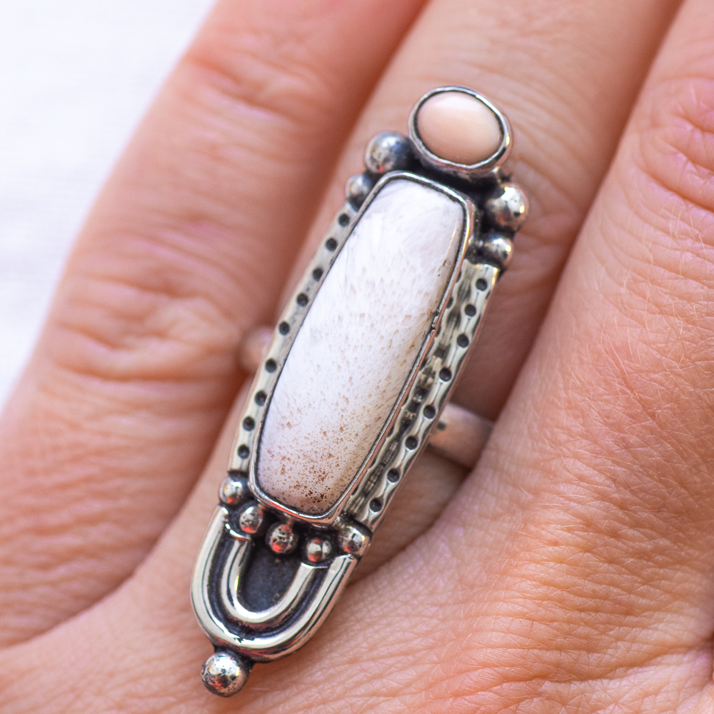 Prisms Ring ◇ Pink Opal + Peach Scolecite ◇ Size 7.5