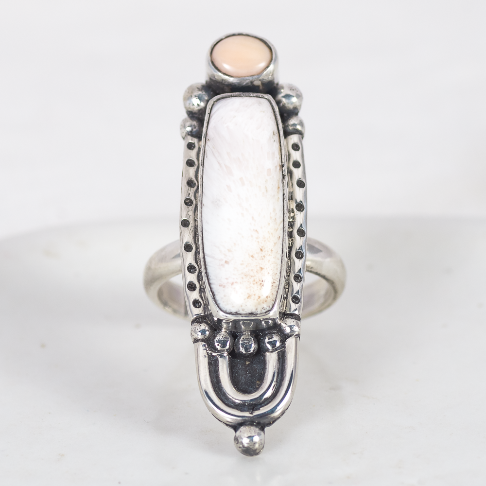 Prisms Ring ◇ Pink Opal + Peach Scolecite ◇ Size 7.5