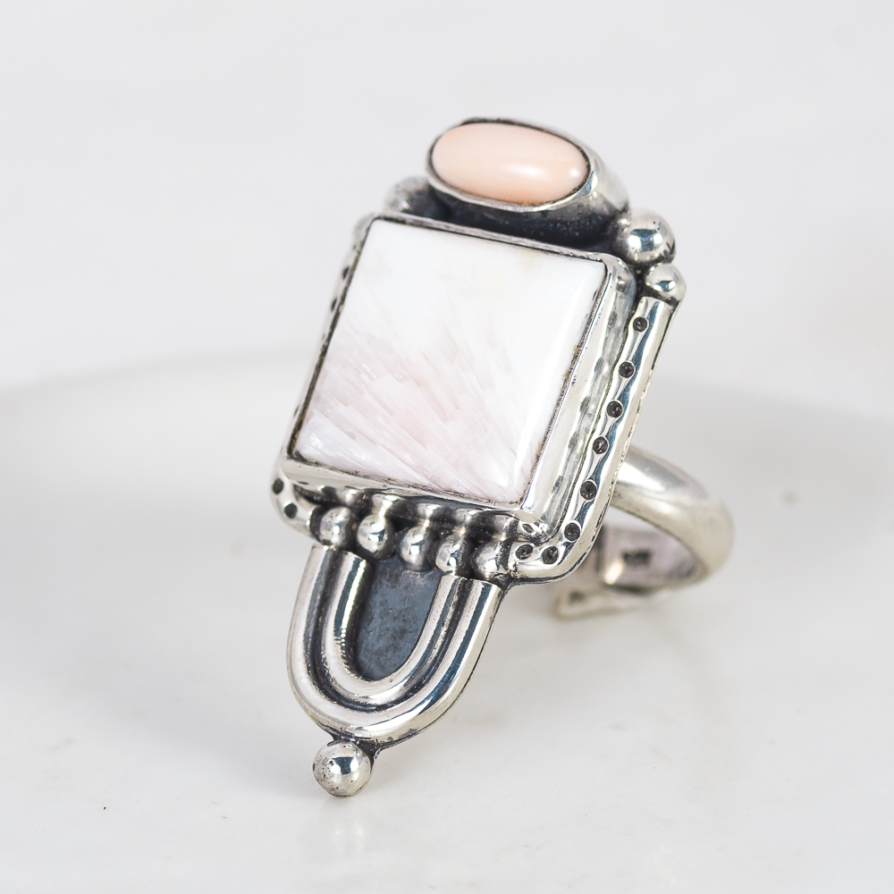 Prisms Ring ◇ Pink Opal + Peach Scolecite ◇ Size 8.5