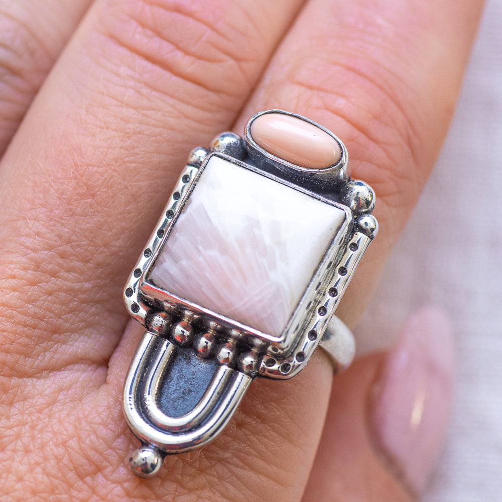 Prisms Ring ◇ Pink Opal + Peach Scolecite ◇ Size 8.5