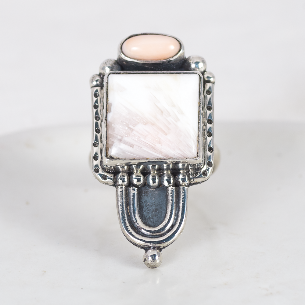 Prisms Ring ◇ Pink Opal + Peach Scolecite ◇ Size 8.5