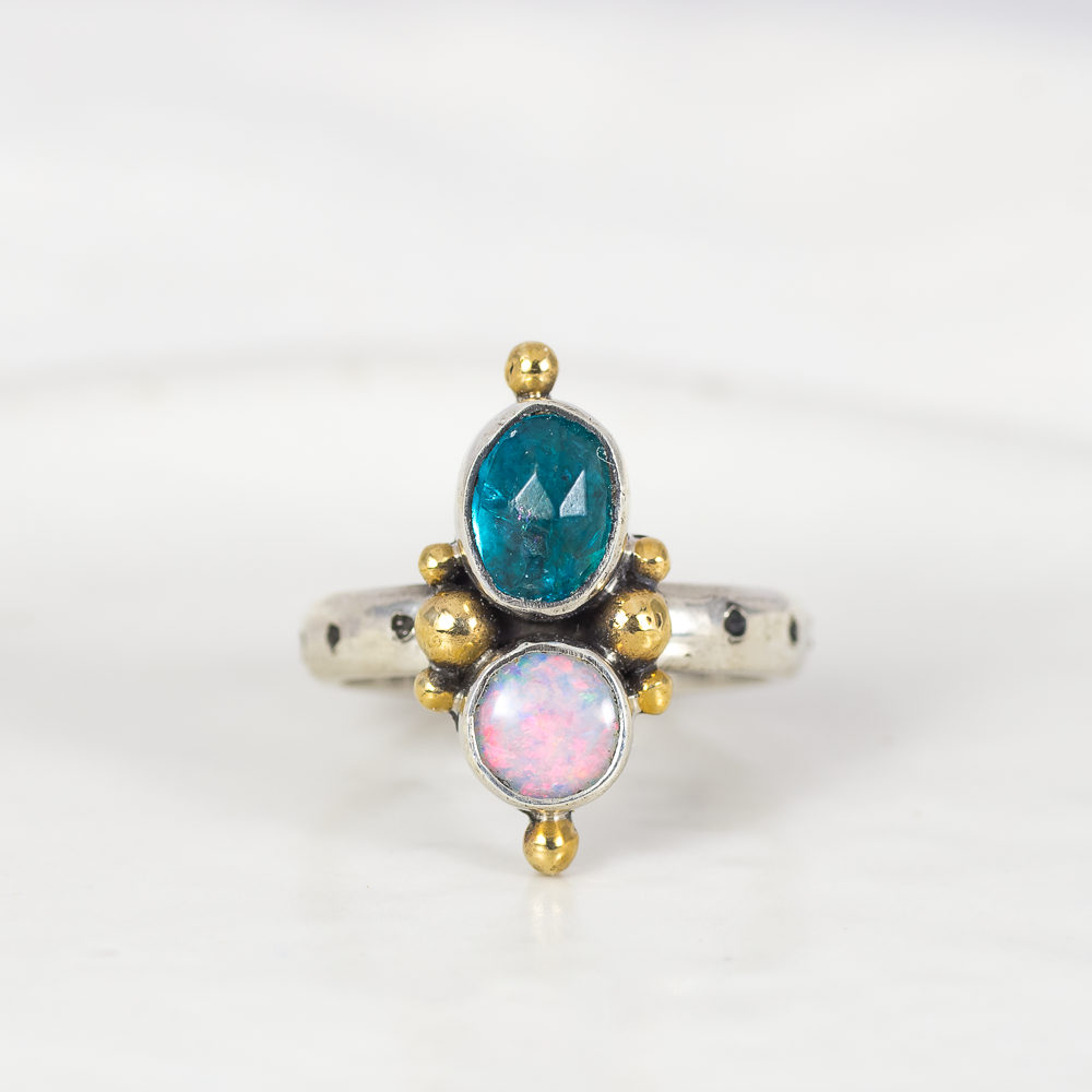Petite Duo Ring (C) ◇ Faceted Blue Apatite + Australian Opal ◇ Size 6.5