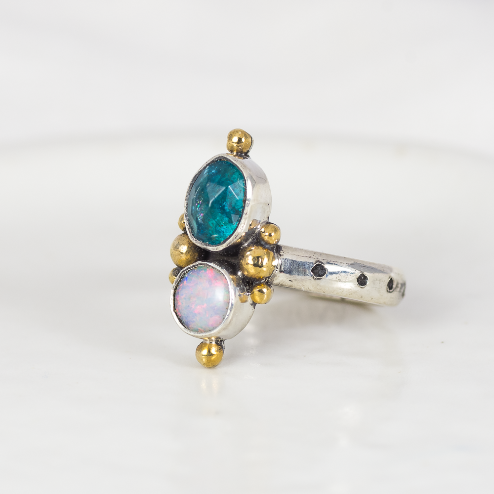 Petite Duo Ring (C) ◇ Faceted Blue Apatite + Australian Opal ◇ Size 6.5