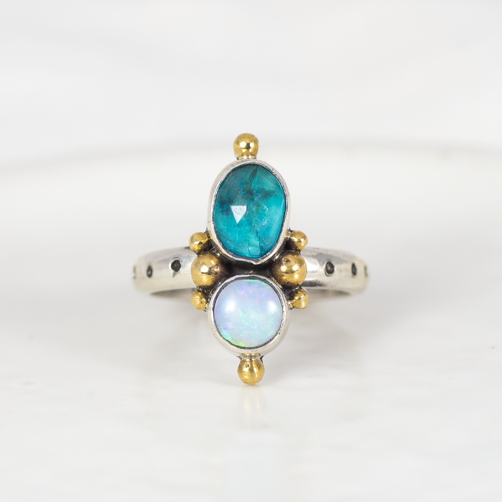 Petite Duo Ring (D) ◇ Faceted Blue Apatite + Australian Opal ◇ Size 7