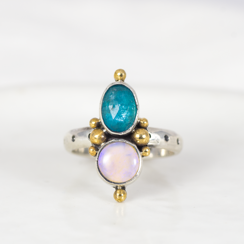 Petite Duo Ring (F) ◇ Faceted Blue Apatite + Australian Opal ◇ Size 7.5