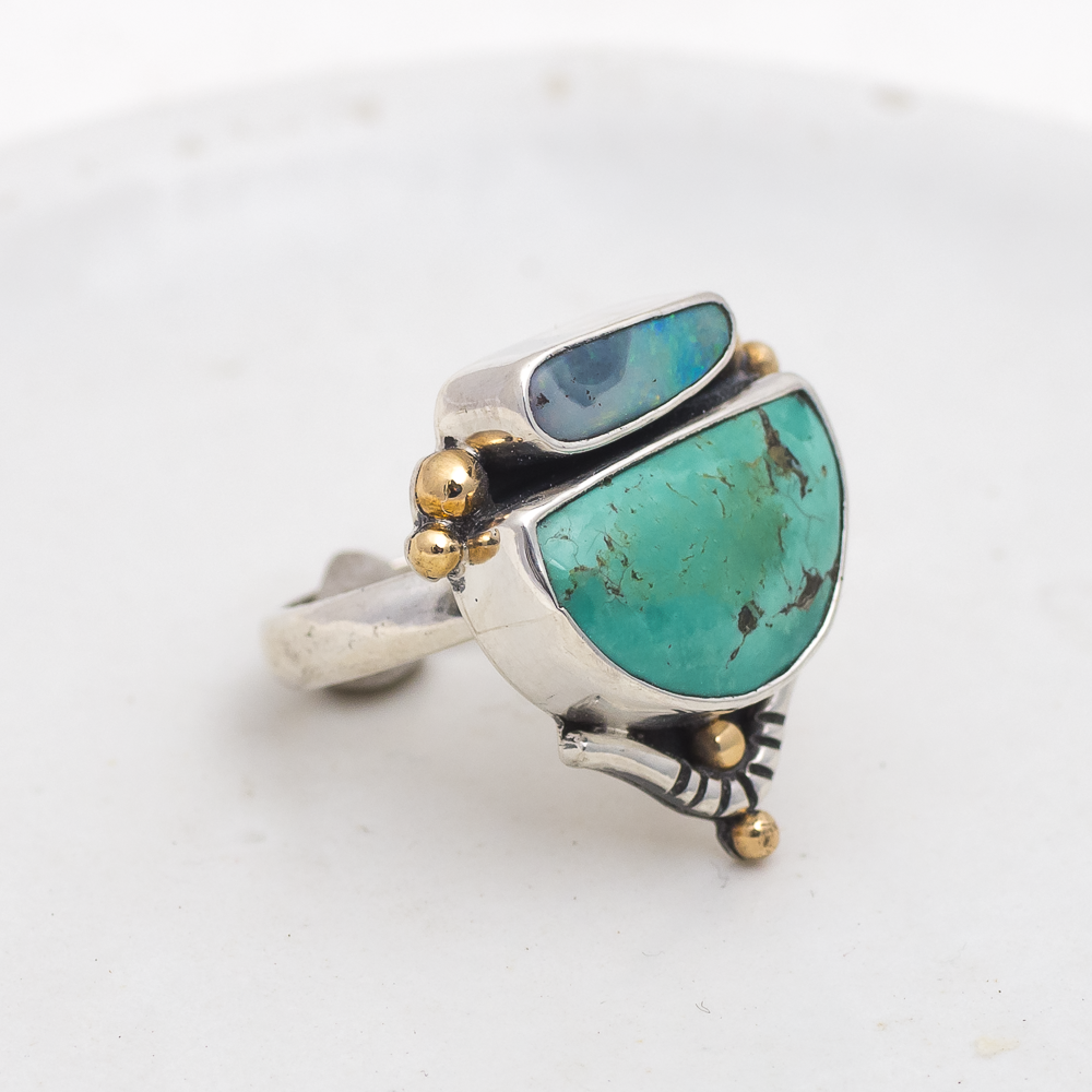 Valley Ring (A) ◇ Australian Opal + Kingman Turquoise ◇ Size 6.5