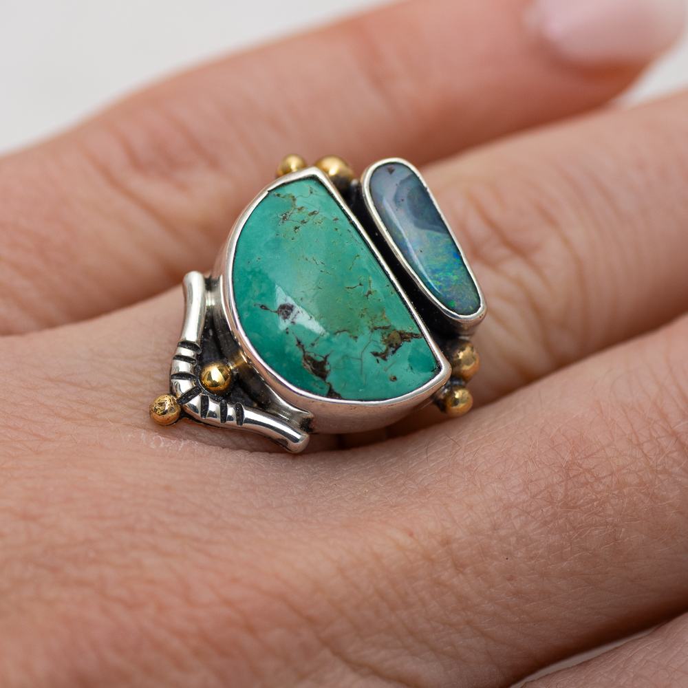 Valley Ring (A) ◇ Australian Opal + Kingman Turquoise ◇ Size 6.5