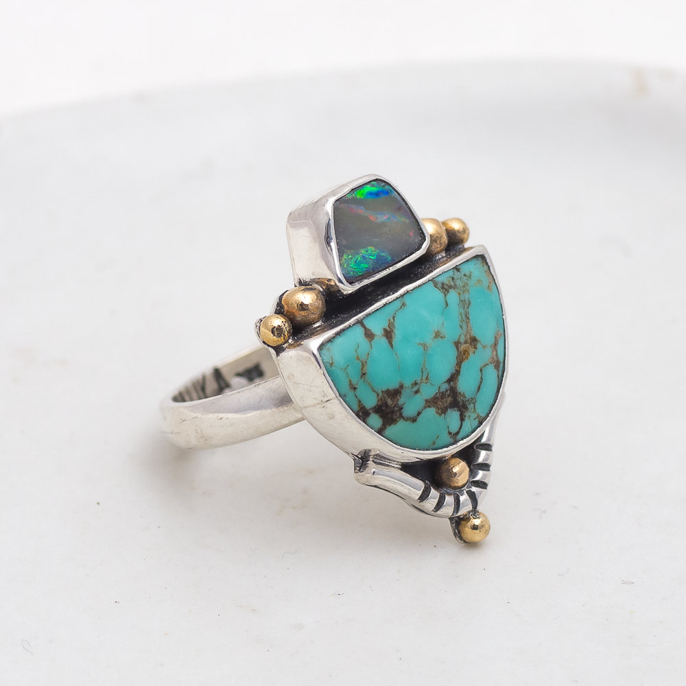 Valley Ring (B) ◇ Australian Opal + Kingman Turquoise ◇ Size 7