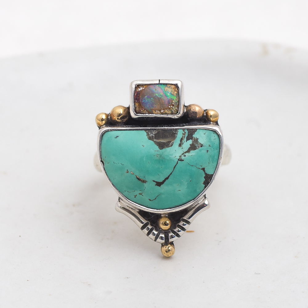 Valley Ring (C) ◇ Australian Opal + Kingman Turquoise ◇ Size 8