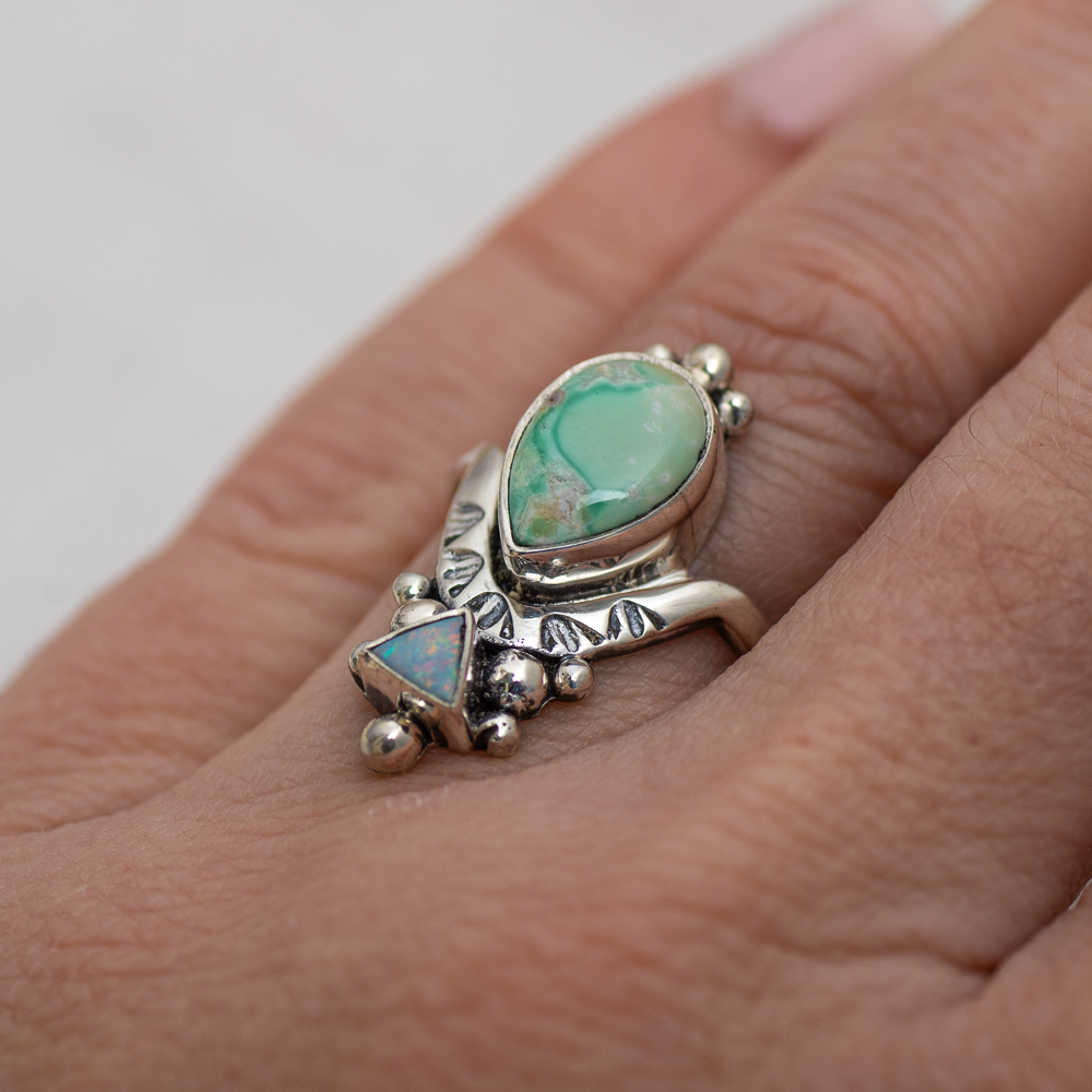 Petite Kindred Embrace Ring (B) ◇ Australian Green Variscite + Australian Opal ◇ Size 7.25