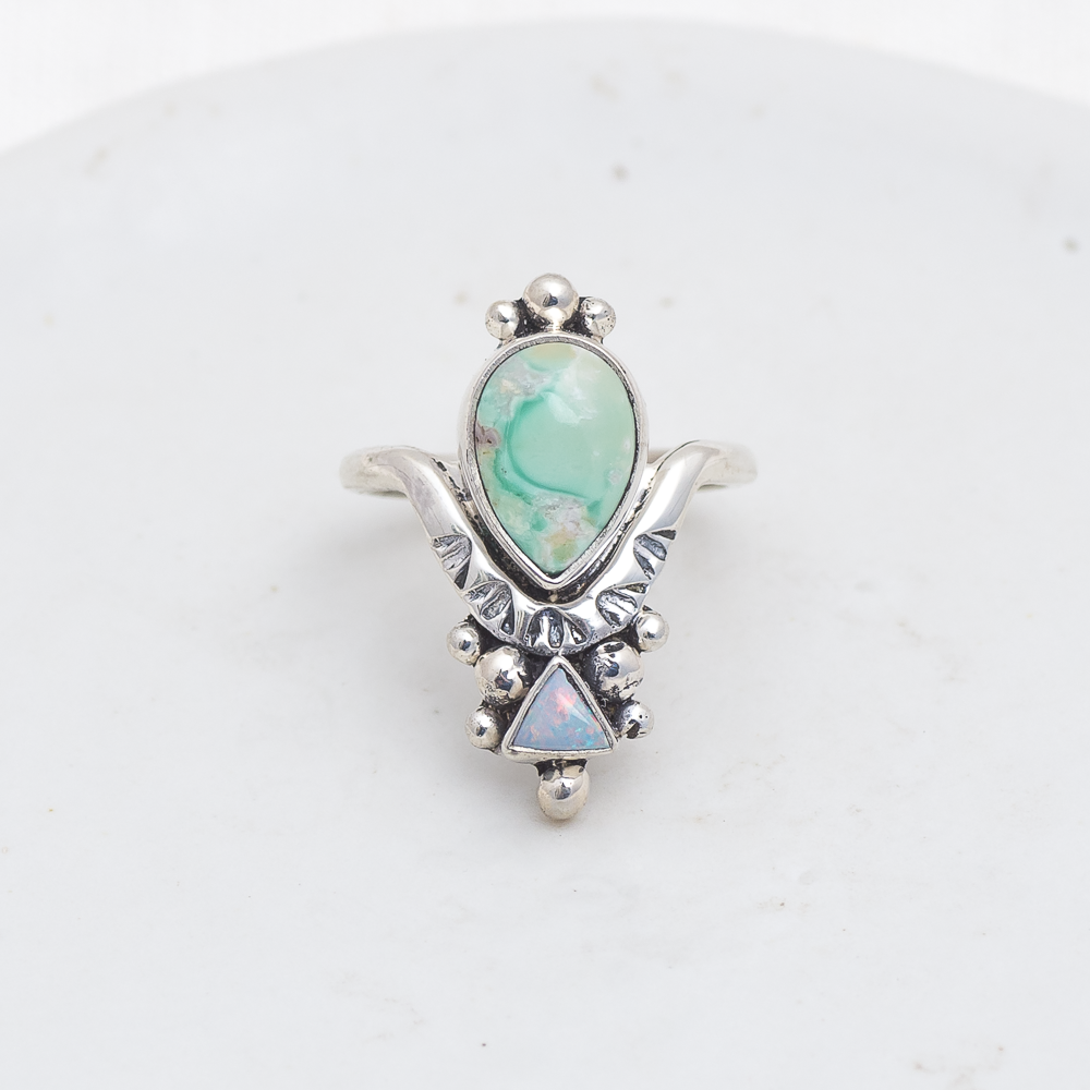 Petite Kindred Embrace Ring (B) ◇ Australian Green Variscite + Australian Opal ◇ Size 7.25