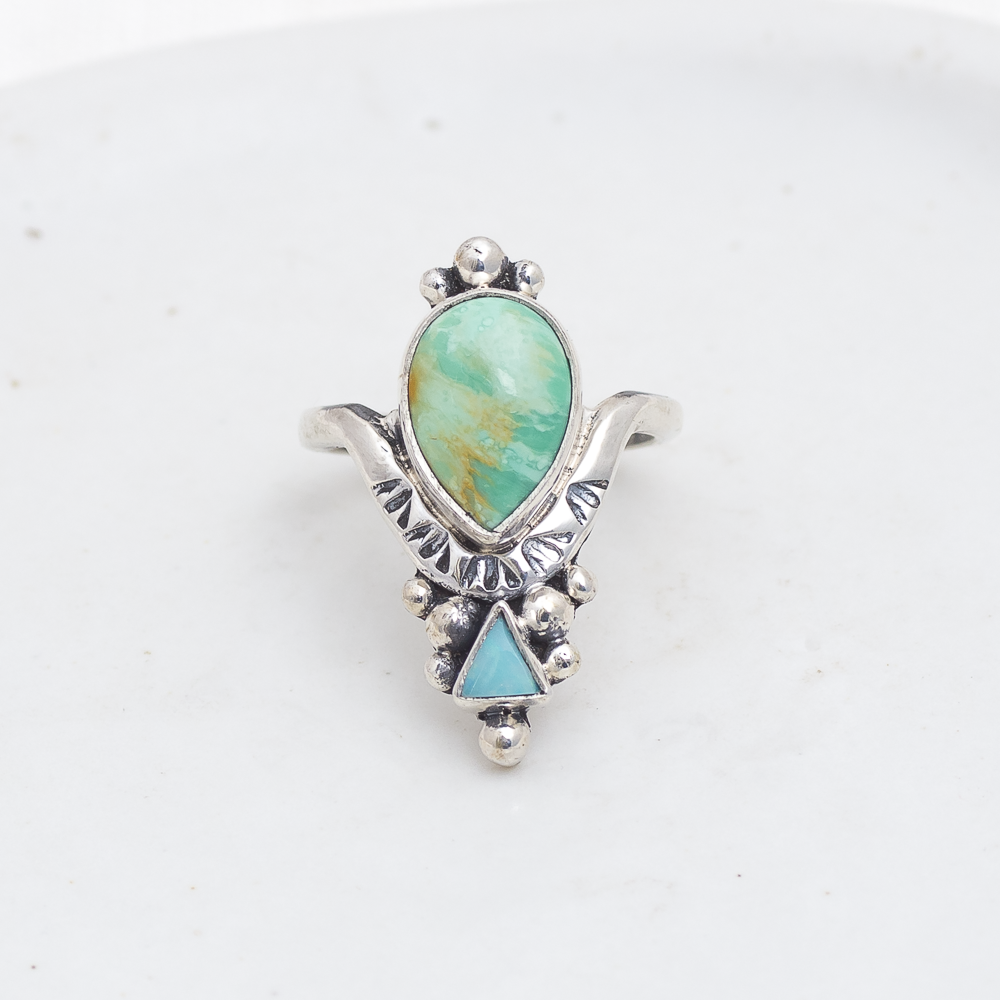 Petite Kindred Embrace Ring (C) ◇ Australian Green Variscite + Australian Opal ◇ Size 7.5