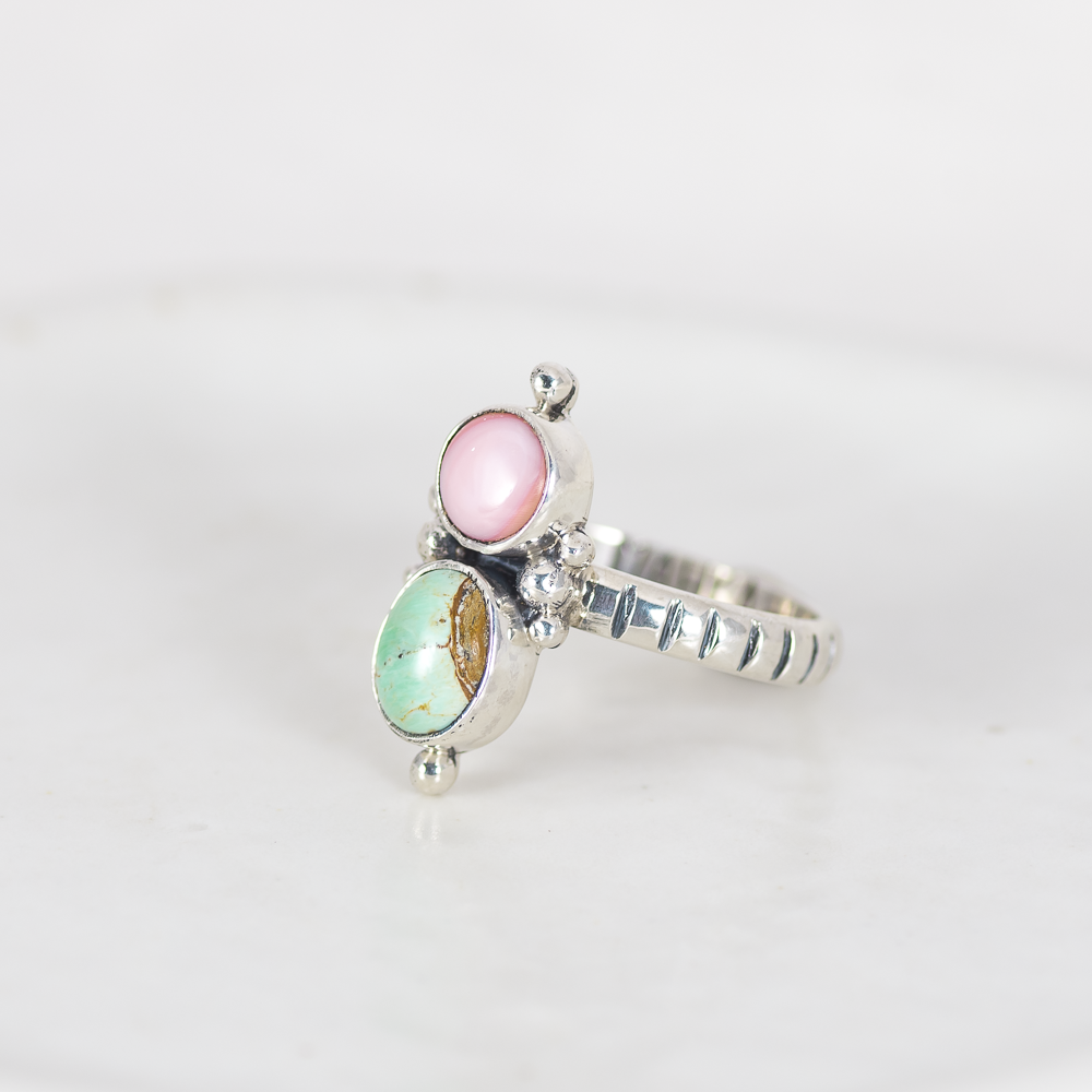 MADE TO ORDER ◇ Petite Duo Ring ◇ Pink Opal + Green Variscite